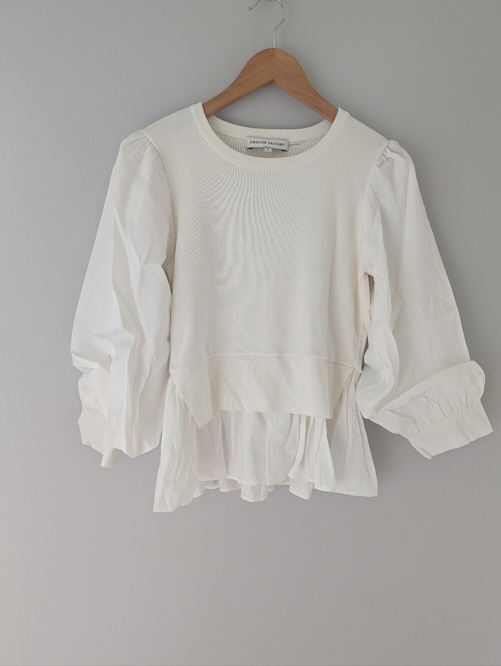 NWOT English Factory White Mixed Media Puff Sleeve Peplum Top S Nordstrom